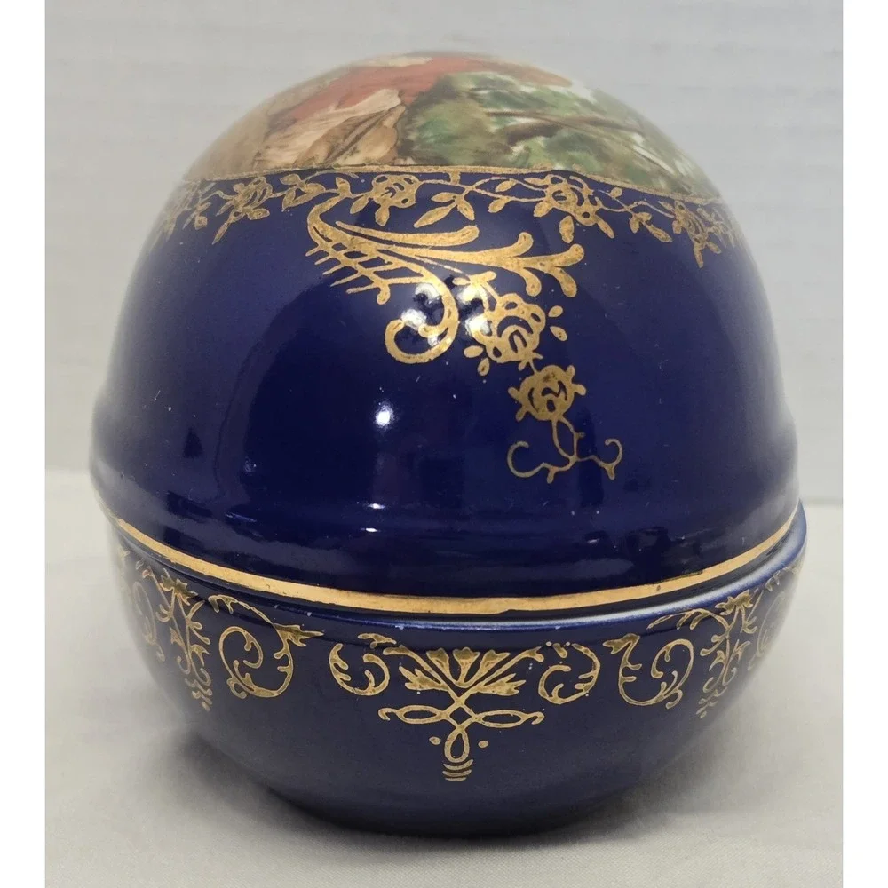 Vtg Cobalt Blue Porcelain Egg Trinket Box Romantic Courting Couple Gold Filagree